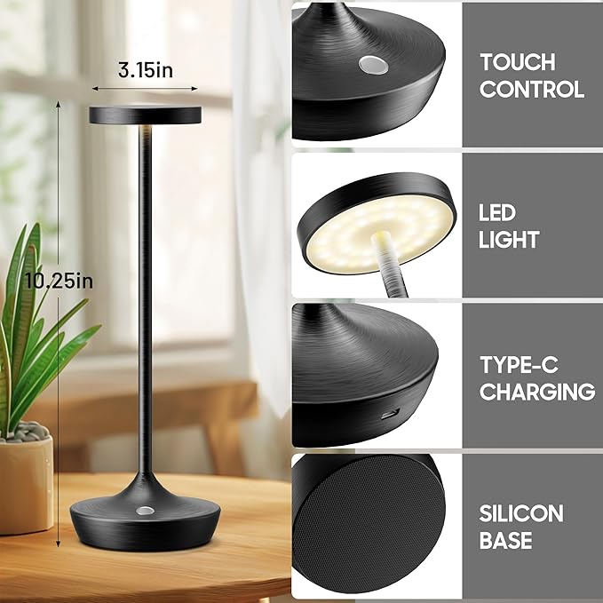 2 Pack Cordless Table Lamps, Battery Operated LED Desk Lamp, 3-Color Stepless Dimming, Portable & Waterproof, for Restaurants, Bedrooms, Bars, Outdoor Parties, Camping, and Cafes (2Pack Black)