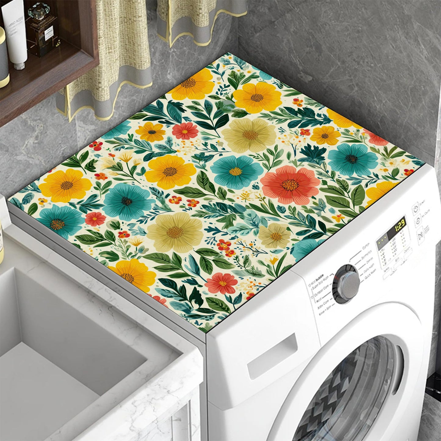 Cute Flowers Leaves Washer and Dryer Covers for the Top,Washing Machine Dust Cover Pad Anti-slip Absorbent Protector Mat for Washer Dryer Home Decor,23.6"x19.7"