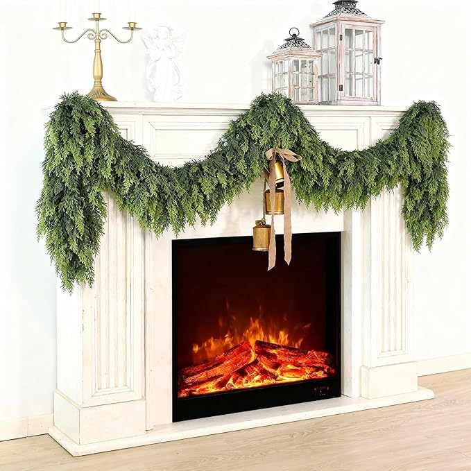 9FT Real Touch Cedar Garland for Fireplace - Artificial Christmas Garlands Realistic Faux Greenery Fake Pine Needles Garland for Holiday,Table, Window,Mantel,Stairs, Home,Indoor Outdoor Decor (2PCS)