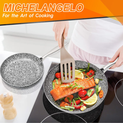MICHELANGELO 10 Inch Frying Pan with Lid, Nonstick Frying Pan with Non Toxic Granite Coating, 10 Inch Stone Skillet, Non Stick Frying Pans for Cooking, Induction Compatible