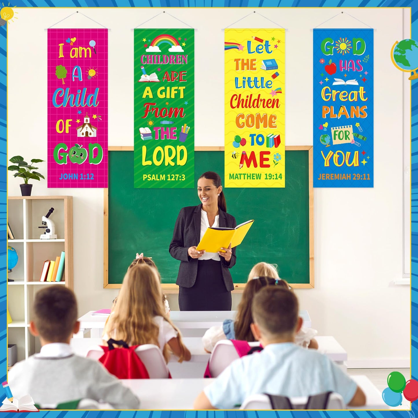 Panelee 4 Pcs Church Banners for Sanctuary Wall Rainbow Cartoon Church Banners with Scripture Inspirational Religious Praise Bible Verses Hanging Backdrop Signs for Sunday School Worship Decoration