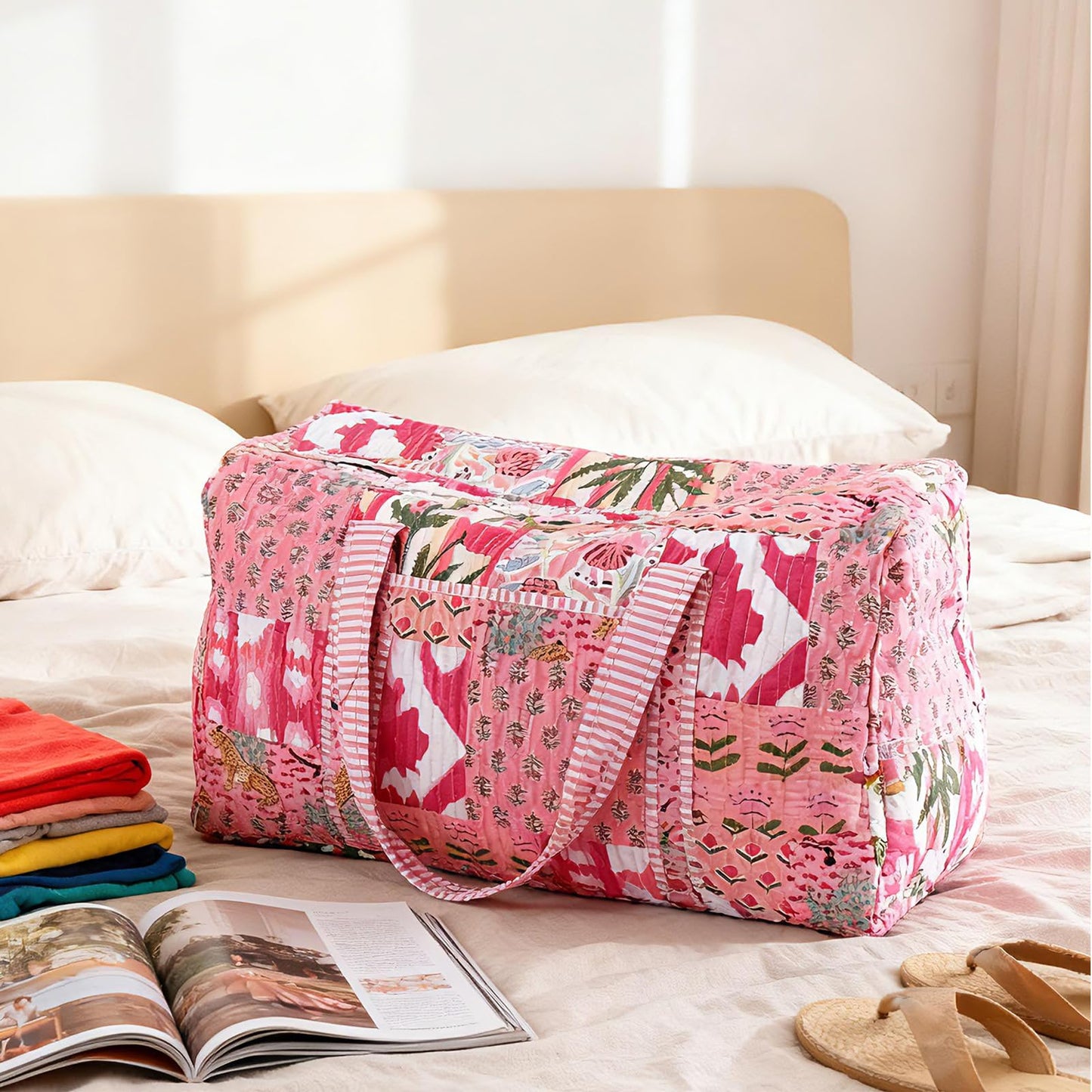 SilTriangle Large Cotton Patches Duffle Bags Block Print Quilted Fabric Weekender Bags for Women Holiday Gifts Handmade Colorful Travel Overnight Bag