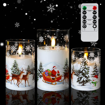 Sariiraw Christmas Snowman Glass Flameless Candles with Remote Timer, Set of 3 Battery Operated LED Pillar Candles for Christmas Decorations, 4" 5" 6" Heights, Warm White Light