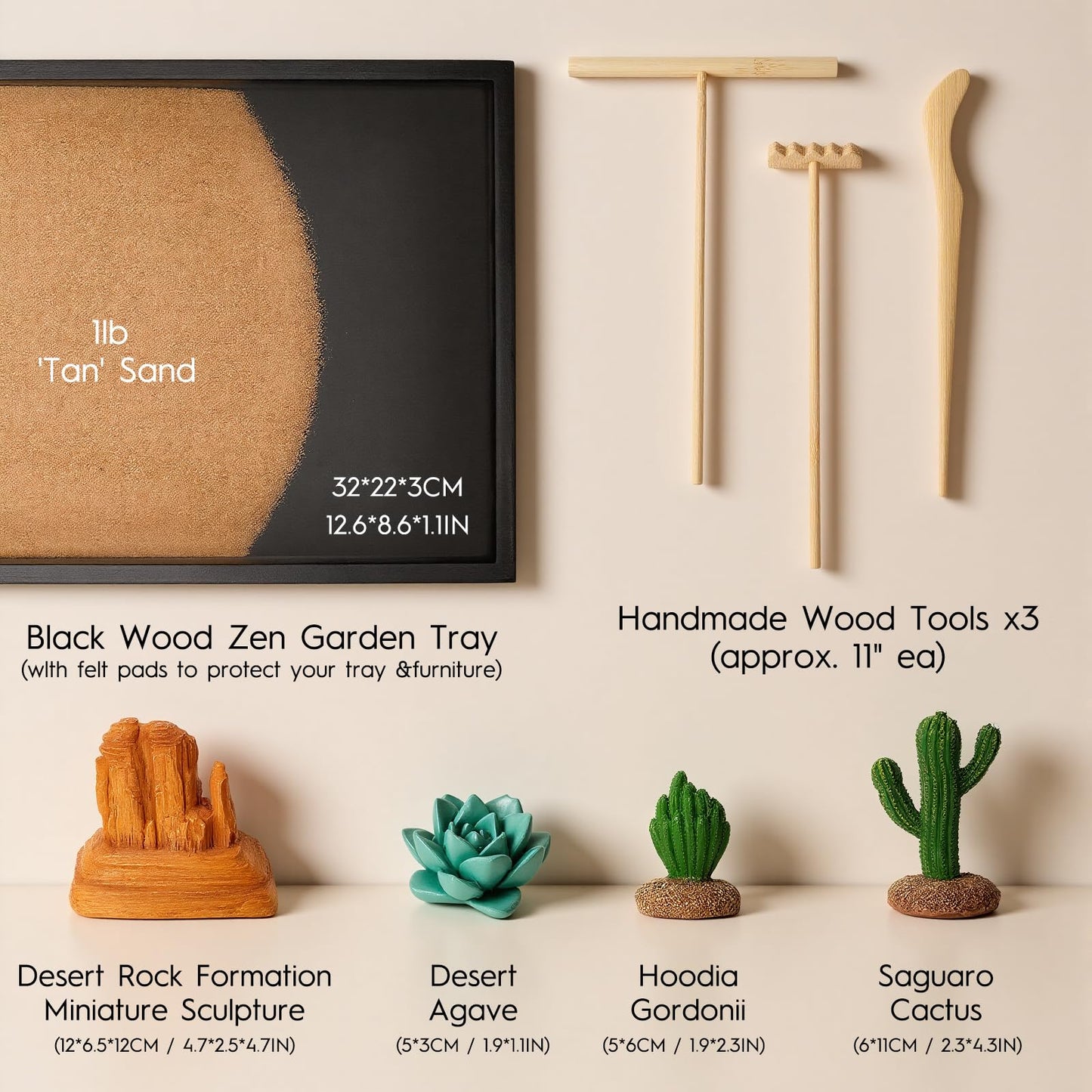 Desert Zen Garden Kit for Desk,12.6x8.6in Premium Sand Tray with 4 Artificial Features, Brown Sands, 3 Wood Tools，Mini Southwestern Desert Decor Zen Sand Garden Set for Home, Office Desk