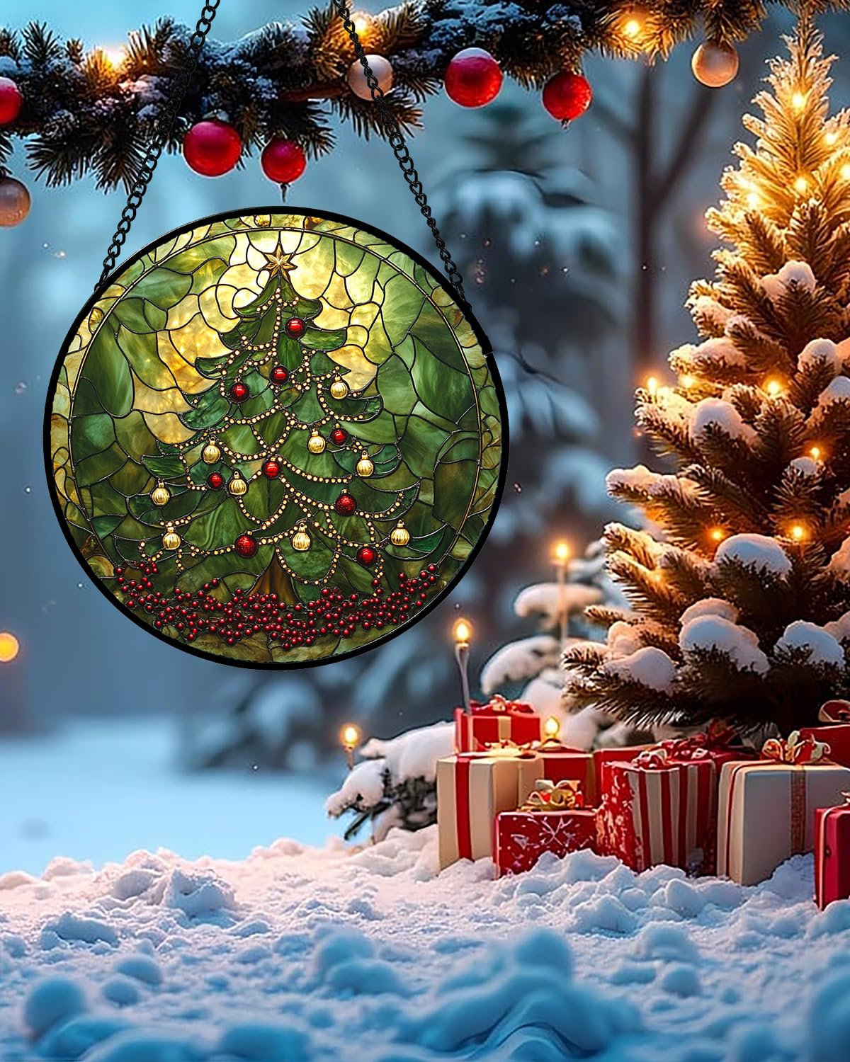 Stained Glass Window Hanging - Retro Green Christmas Tree Suncatcher for Doors Home Christmas Decoration Sun Catcher Thanksgiving New Year Birthday Gifts for Women Men Mom Nana 7.8 in