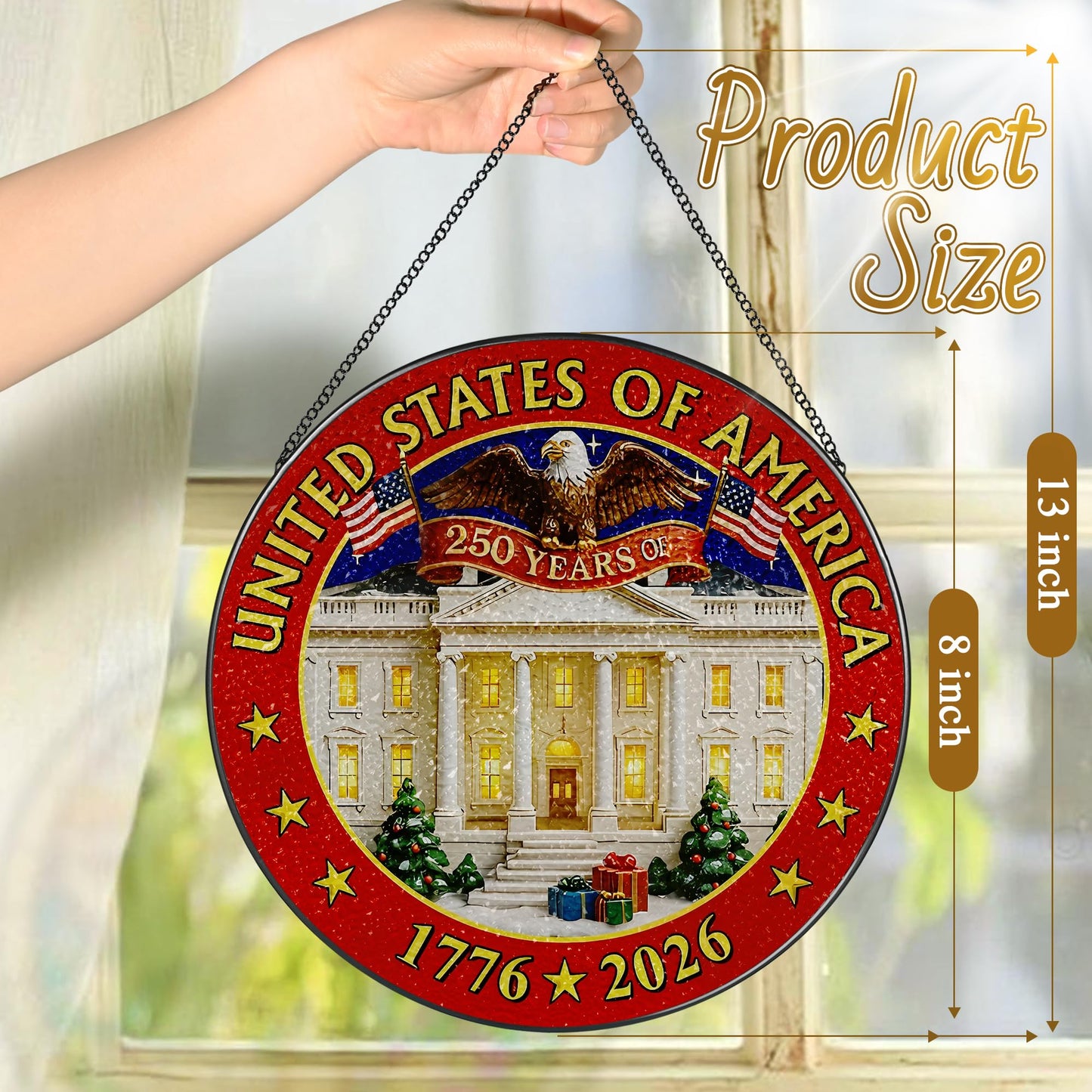 250 Years of America Stained Glass Suncatcher, Stained Glass Window Hanging & Decor, 1776-2026 US 250th Anniversary Ornament, Patriotic Ornament, American Independence Day Gift, July 4 Decor
