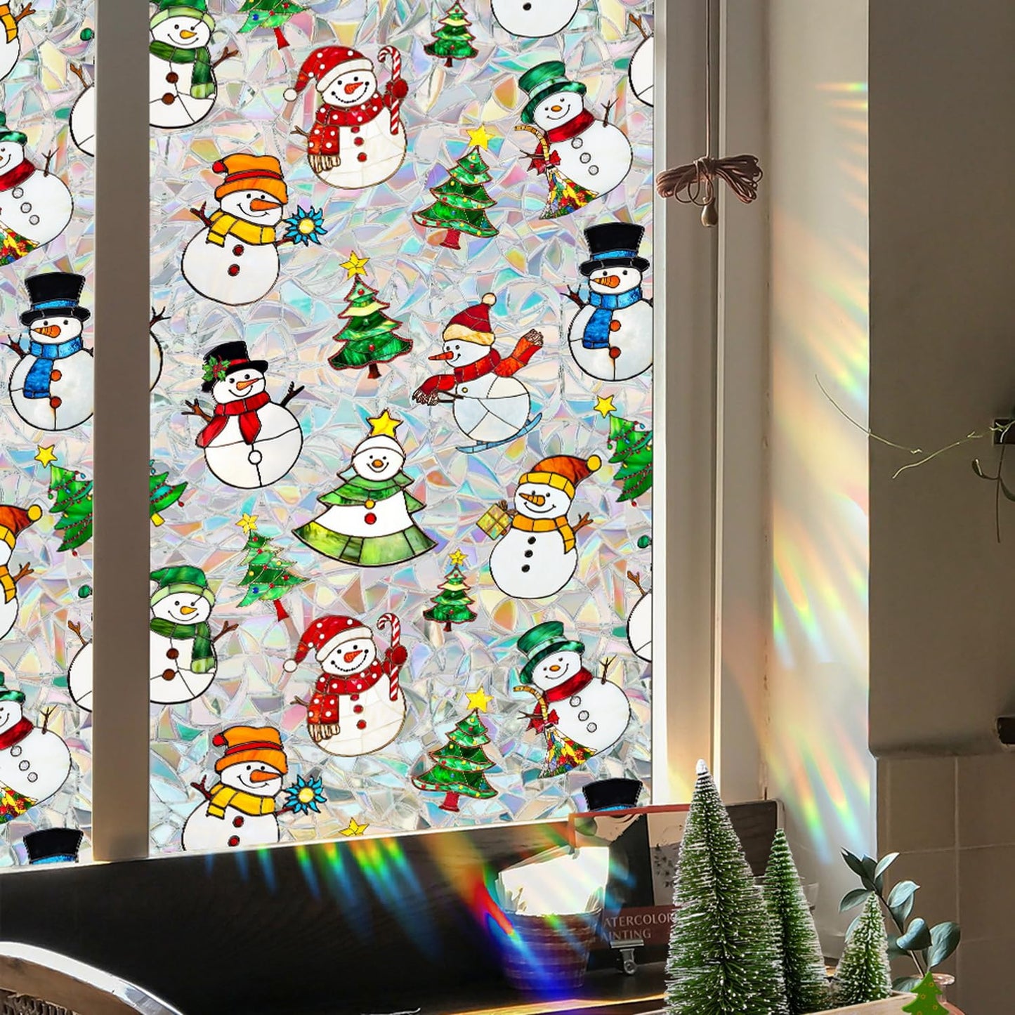 Christmas Window Privacy Film Xmas Stained Glass Decal Snowman Rainbow Windows Clings Decorative Xmas Tree Designs Window Clings Static Windows Film Stickers for Home Office Glass Decor