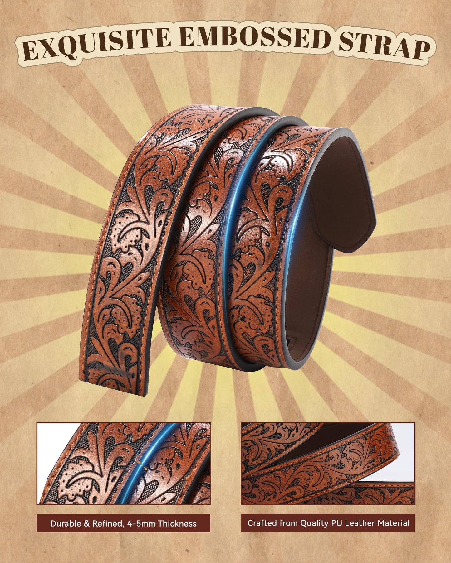 AWAYTR Kids Ratchet Western Belt - PU Leather Cowboy Belt Adjustable Toddler to Big Kid Sizes for Jeans (Gunmetal Gold Cow-Brown, Fit Waist: 23"-26")