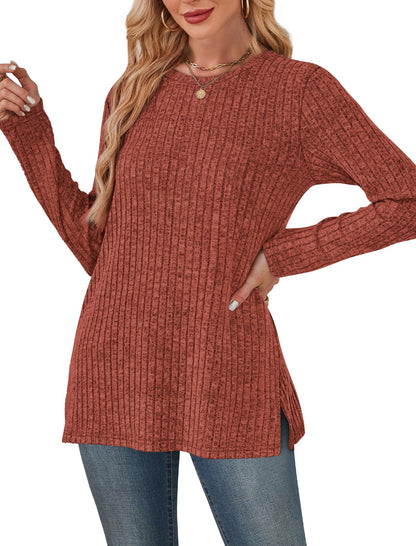 SAMPEEL Womens Sweaters Crewneck Long Sleeve Shirts with Pockets Fall Outfits 2025 Fashion Winter Clothing Side Slit