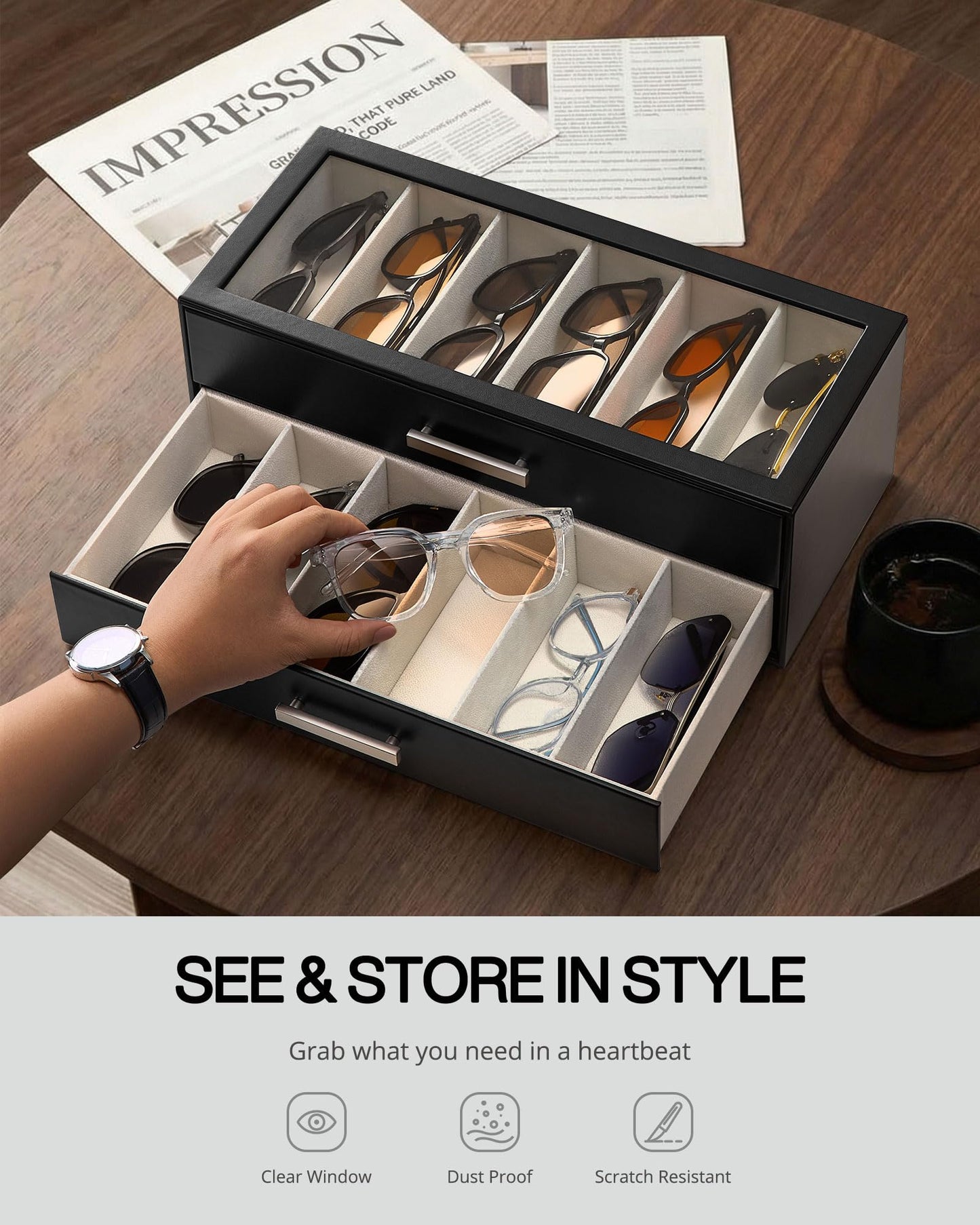 ProCase 12 Slots Sunglasses Organizer, 2-Layer Eyeglass Holder with Clear Glass Lid, PU Leather Glasses Storage Display Case for Men Women -Black