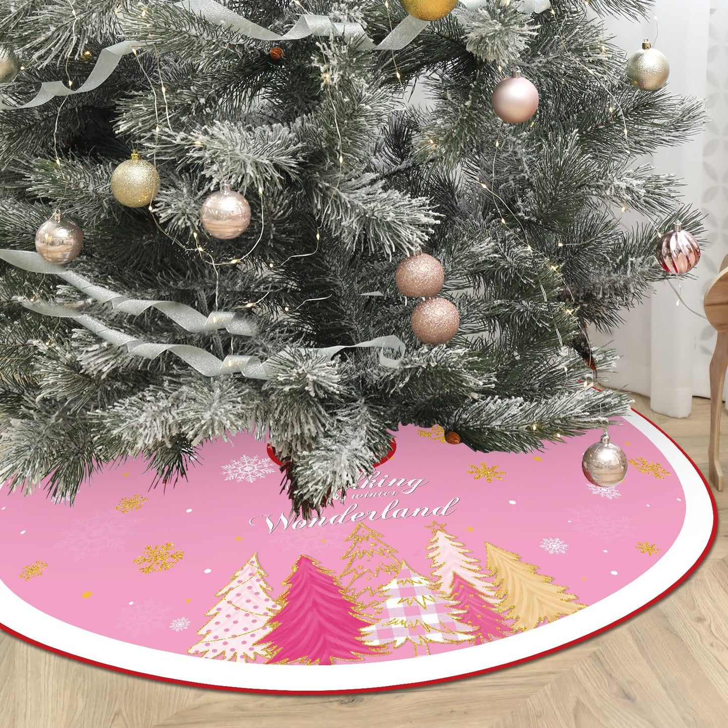 Tiamon 48 Inch Pink Christmas Tree Skirt Large Double Layer Xmas Tree Decoration Merry Christmas Tree Skirt Mat Decor for Winter Holiday Party Christmas Decorations Supplies