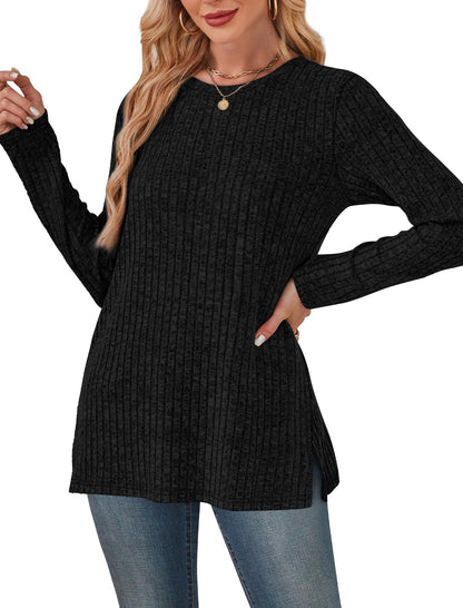 SAMPEEL Womens Sweaters Crewneck Long Sleeve Shirts with Pockets Fall Outfits 2025 Fashion Winter Clothing Side Slit