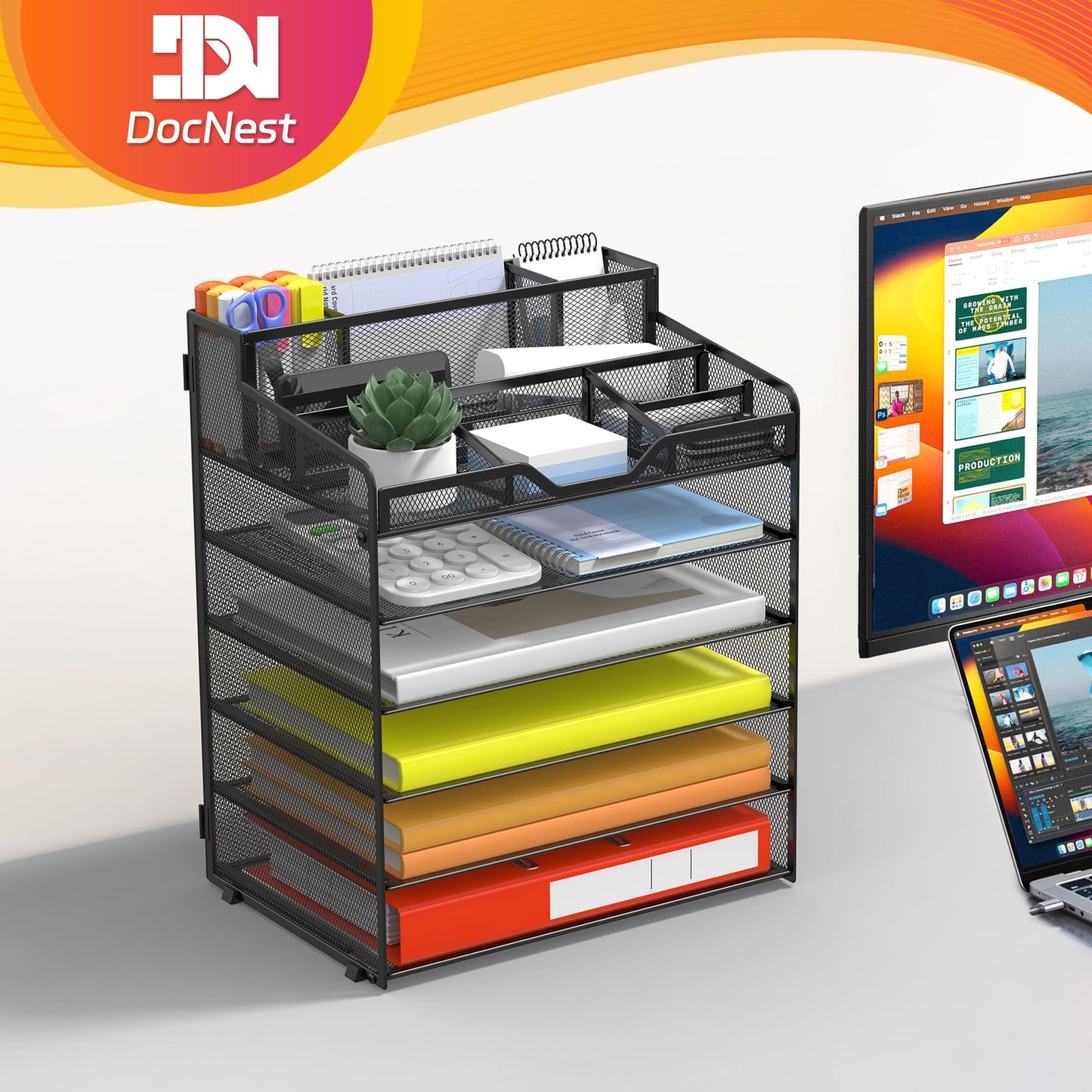 Docnest 6 Tier Mesh Desk Organizer for Paper Office Supplies – Multi-Functional Letter Tray with 5 Adjustable Compartments, 3 Pen Holders, Desktop Storage for Files, Mail, Stationery – Black