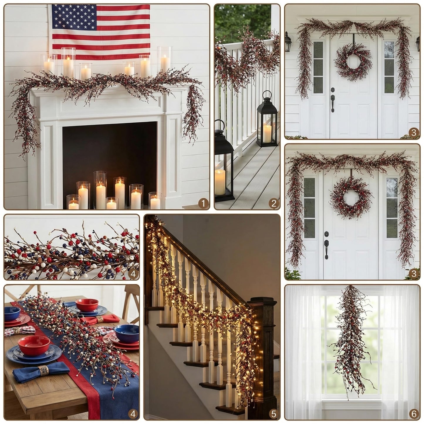 Quixem 5FT (60 in) Patriotic Red White & Blue Pip Berry Garland for Mantel & Table Decor, Americana Farmhouse Decor for 4th of July & Memorial Day, Rustic Flexible Wired Vine, Precise Length