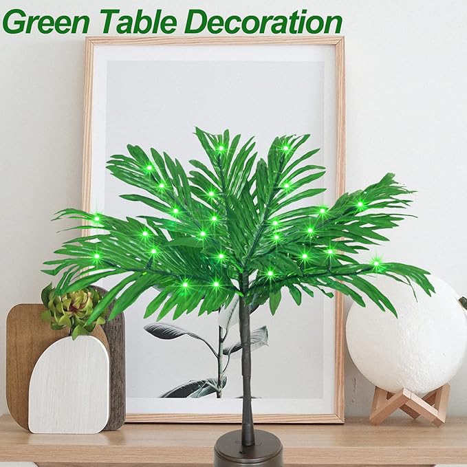 23 In Lighted Palm Tree Table Decor, Tropical Artificial Palm Tree Lights Branches Battery USB Powered, LED Mini Light Up Palm Tree Decor Table Centerpiece for Luau Summer Hawaiian Party Tiki Bar Home