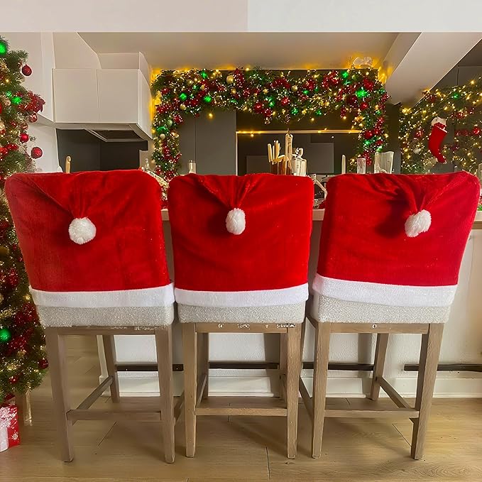 Christmas Chair Covers Hat Chair Back Covers for Xmas Holiday Chair Covers Set of 6, Stretch Parsons Chair Slipcovers Removable Washable kitchen for Home Hotel Banquet Holiday Decoration（6Pcs）
