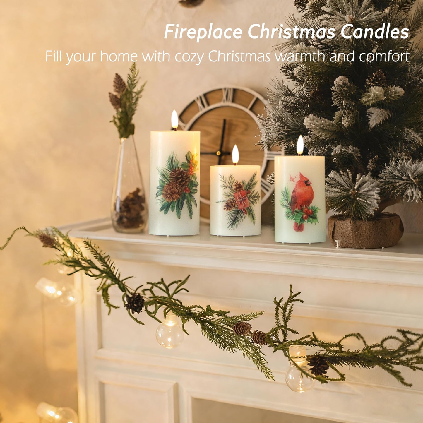 JOIONE Flameless Pillar Candles with Remote, 3 Pack Battery Operated Real Wax LED Candles, Perfect for Home Decorations Fireplace Table, Christmas Sticker