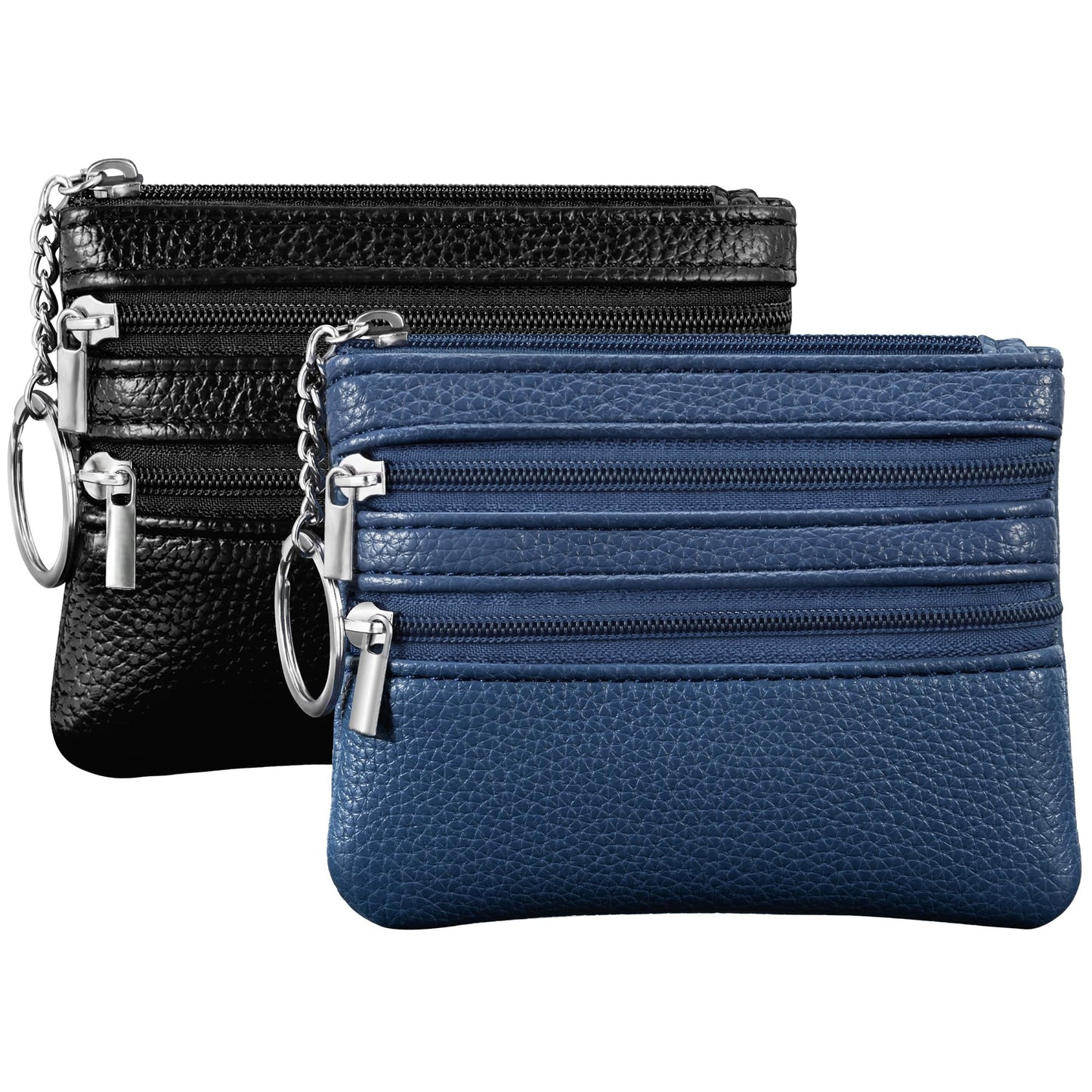 Chelmon 2 Pack Coin Purse Pouch Change Card Holder Wallet with Keychain for Women and Men (Black & Blue)