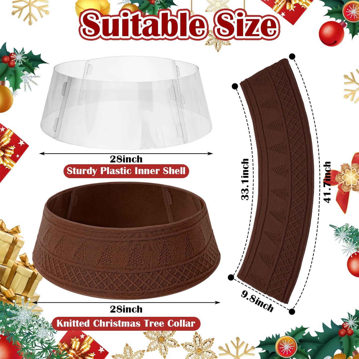 VioraWhite 28 Inch Christmas Tree Collar, Neutral Chunky Cable Knit Tree Base Cover Ring Skirt, Rustic Farmhouse Basket Collar for Xmas Home Office Holiday Decor, Fits 4-6 ft Trees(Dark Khaki)