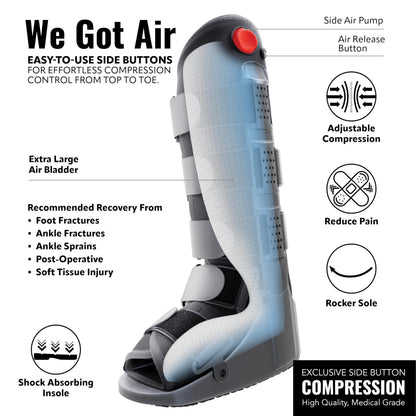 Tall Side Pump Fracture Boot, Medical Grade Foot Brace for Fractures, Cart Friendly Ankle Boot & Brace, Adjustable Air Pump, Sprain & Injury Recovery, Post Op Shoe, Foot Boot for Injured Foot, Large