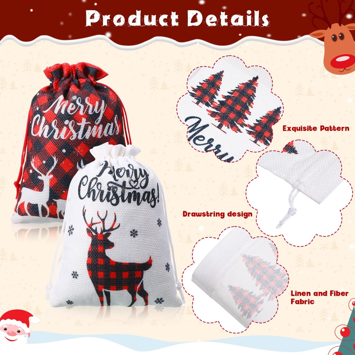 Shappy 16 Pcs Christmas Burlap Bags with Drawstrings, 6 x 8in Small Christmas Gift Bags Baskets for Xmas Presents Holiday Party Favors Supplies, Mini Linen Treats Candy Sacks(Buffalo Plaid)