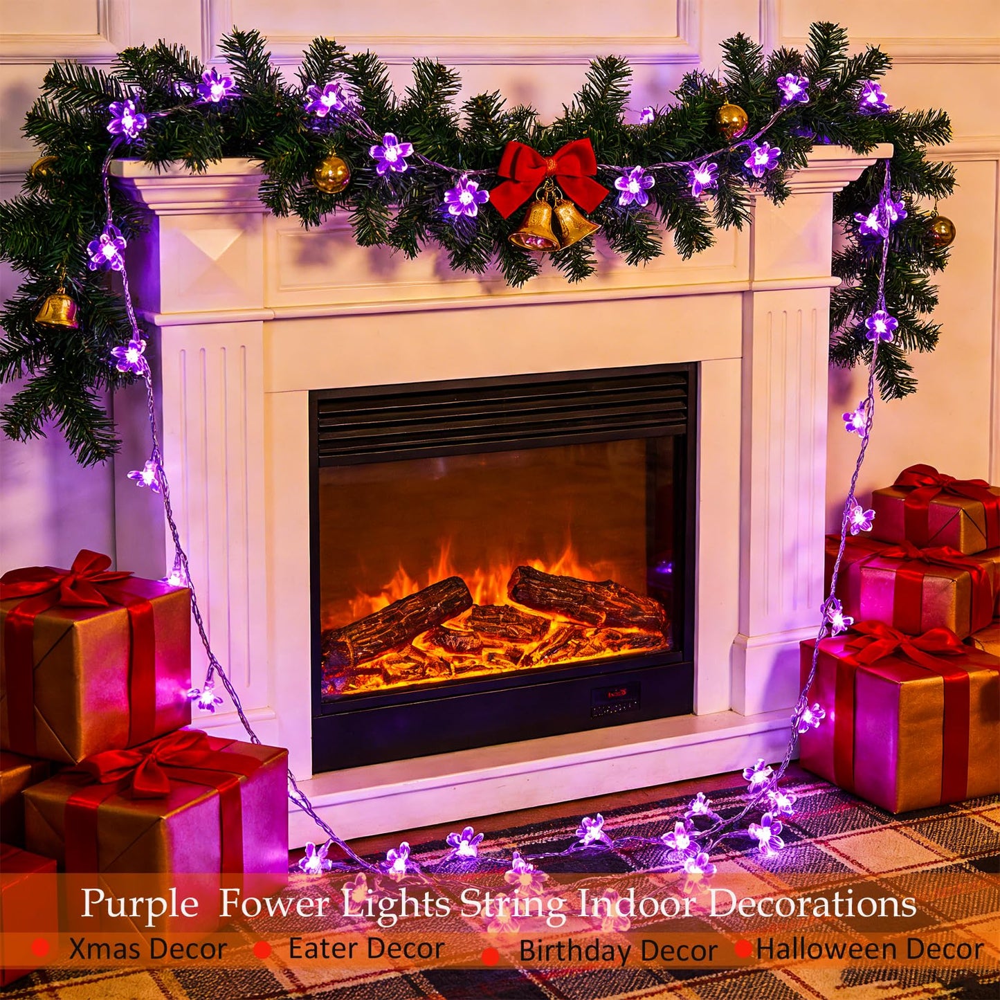 Decorative Connectable 33ft Purple Flower String Lights with 100 LEDs, Memory Function & 8 Modes. Perfect for Bedroom, Christmas, Weddings, Valentine's & Garden Indoor Outdoor Hanging Decorations