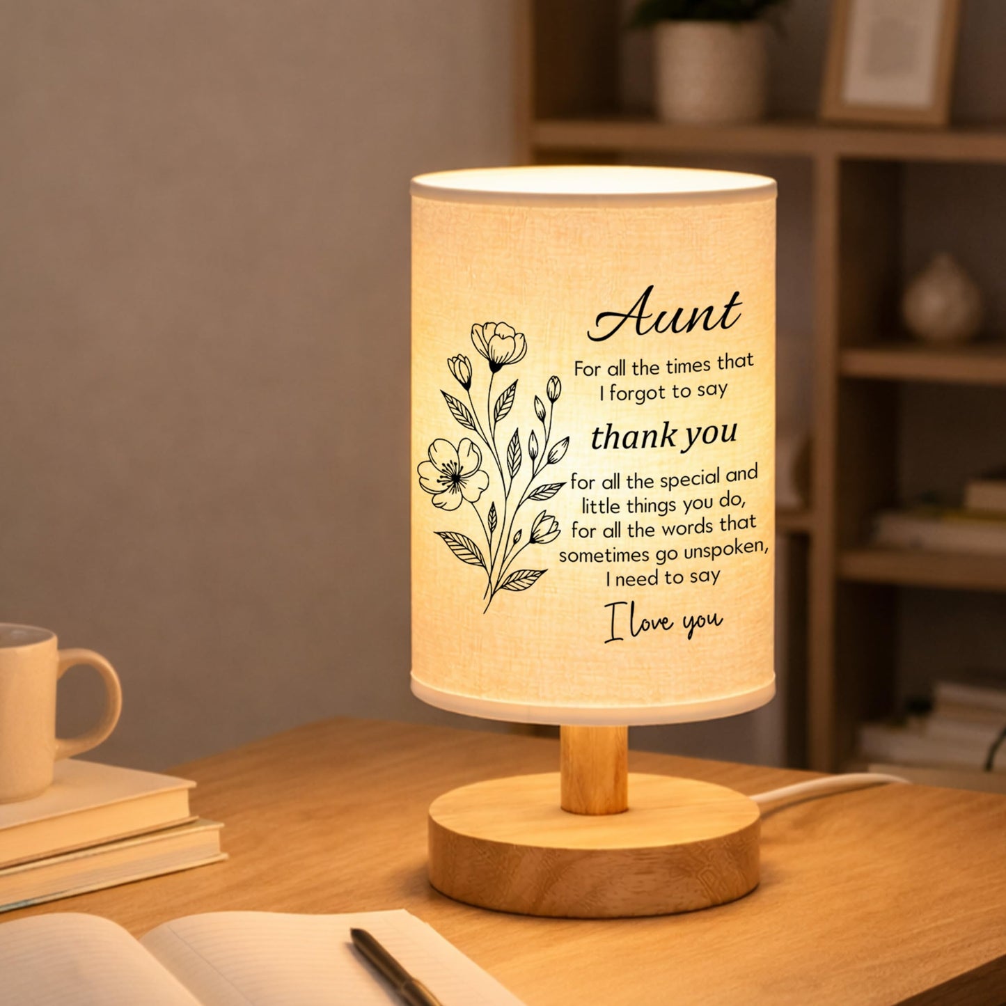YVKC Aunt Lamp Gifts from Niece, Fabric Bedside Table Lamp with Wooden Stand, Birthday Mothers Day Gifts from Nephew, Desk Lamp Home Decor (Aunt, 1)