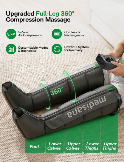 Medisana Leg Massager with Heat and Compression, Leg Massager for Circulation and Pain Relief, Compression Boots with 5 Modes & 3 Heat Levels for Edema Relief, Gifts for Mom, Dad, Him, Her