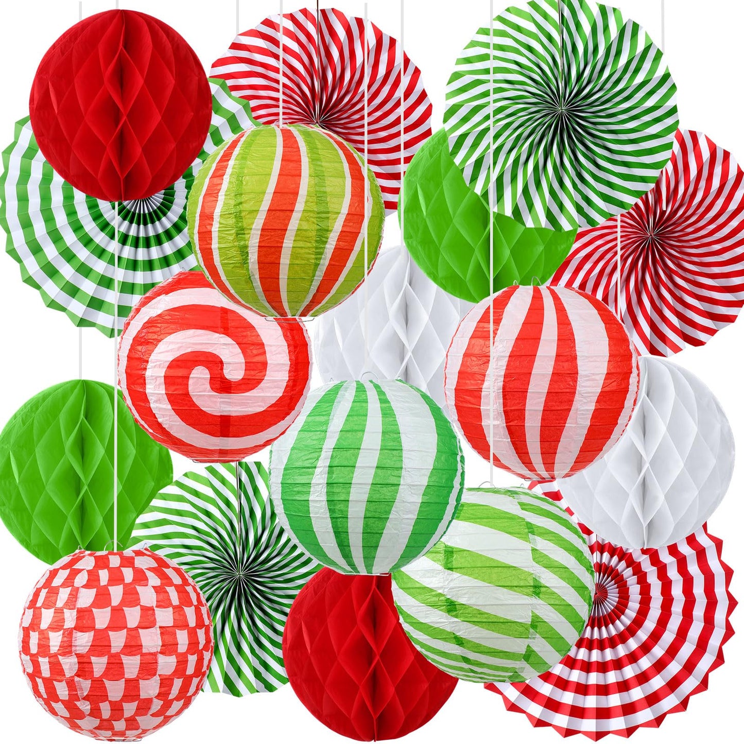 Retisee 18 Pcs Christmas Hanging Paper Lanterns Party Decorations Candy Canes Peppermint Paper Fans Xmas Hanging Honeycomb Ball Lanterns Ornaments for Christmas Winter Party Holiday Ceilings Decor