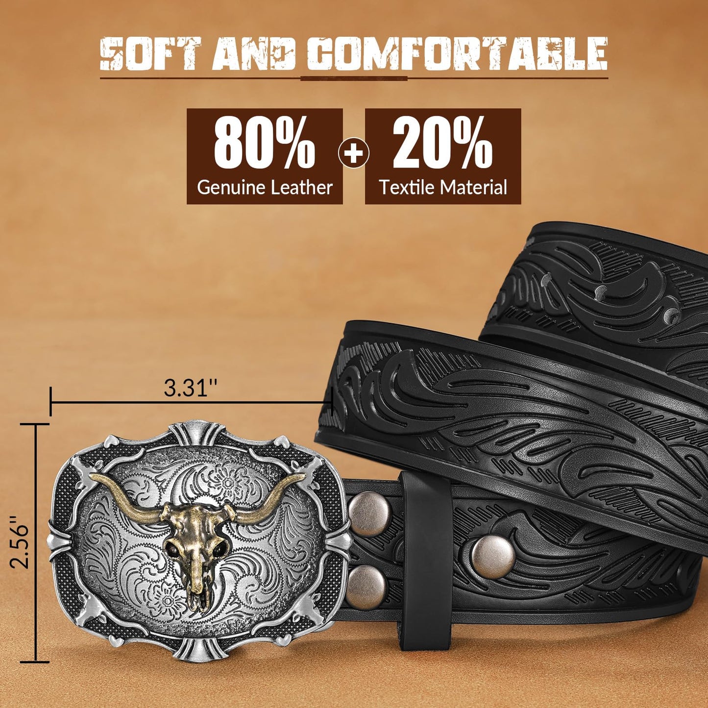 LALATCH Western Belts for Men Women Genuine Leather Cowboy Belt with Longhorn Poker Western Buckle Classic Country Style Black L