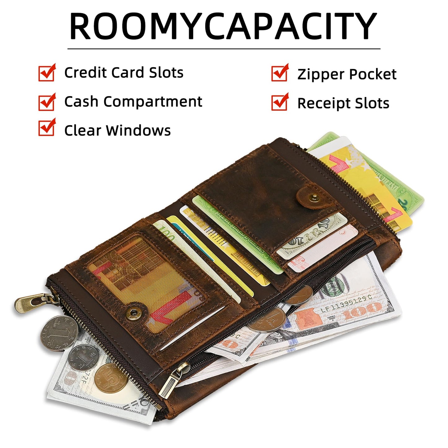 Handadsume Oil Wax Genuine Leather Travel Gift Coin Pocket Card Case Vertical Chain Rfid Wallet Purse With Snap For Men Male 1802 (Brown)