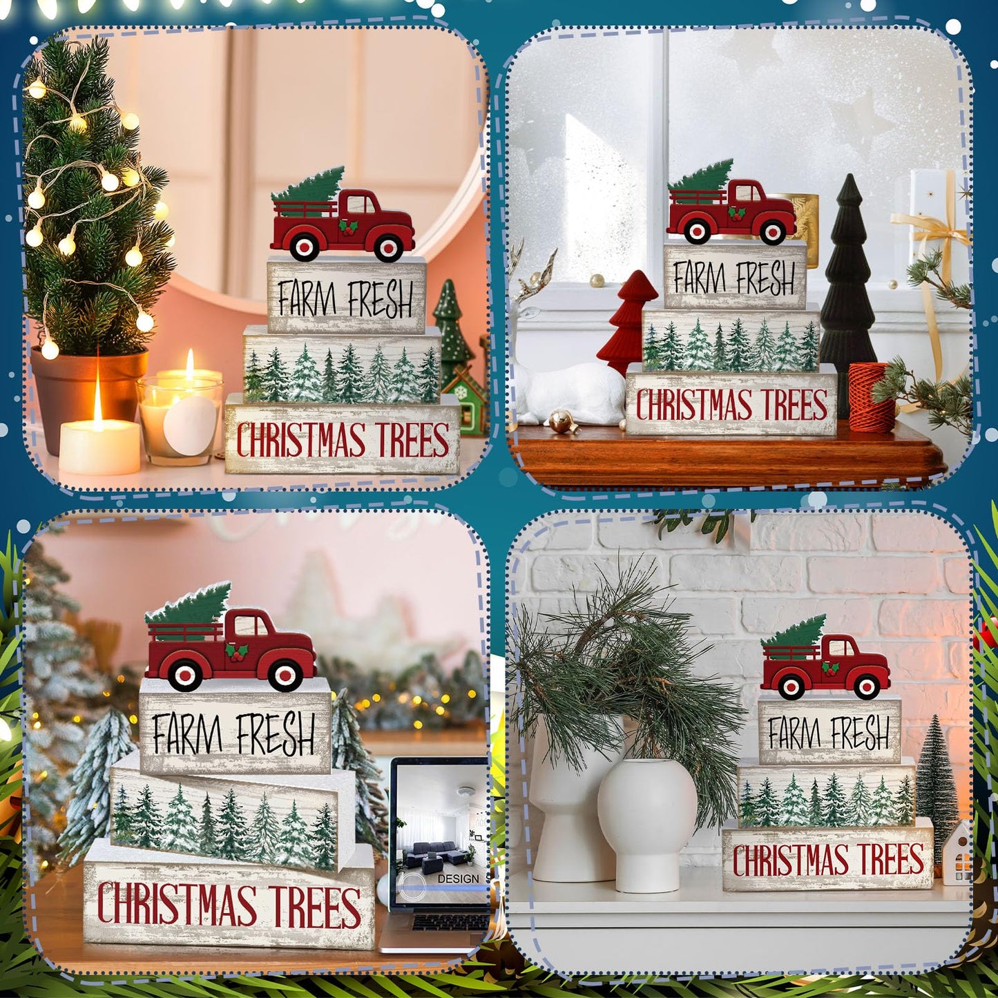Lineshading 4 Pcs Christmas Decor Wooden Red Truck Winter Tiered Tray Decor Rustic Merry Christmas Table Centerpiece Wood Red Truck Block Sign Gift Farmhouse for Home Kitchen Tabletop Office Shelf