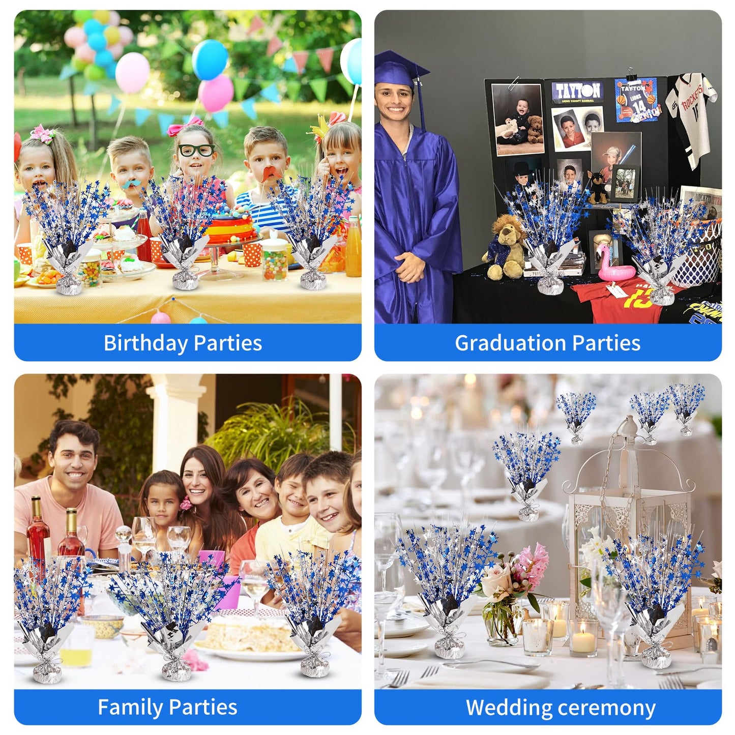 12 Pack Metallic Foil Spary Centerpieces for Tables, Silver NavyBlue Centerpieces for Tables Decorations, Star Brust Table Centerpieces for Birthday Graduation Wedding Baby Shower Party