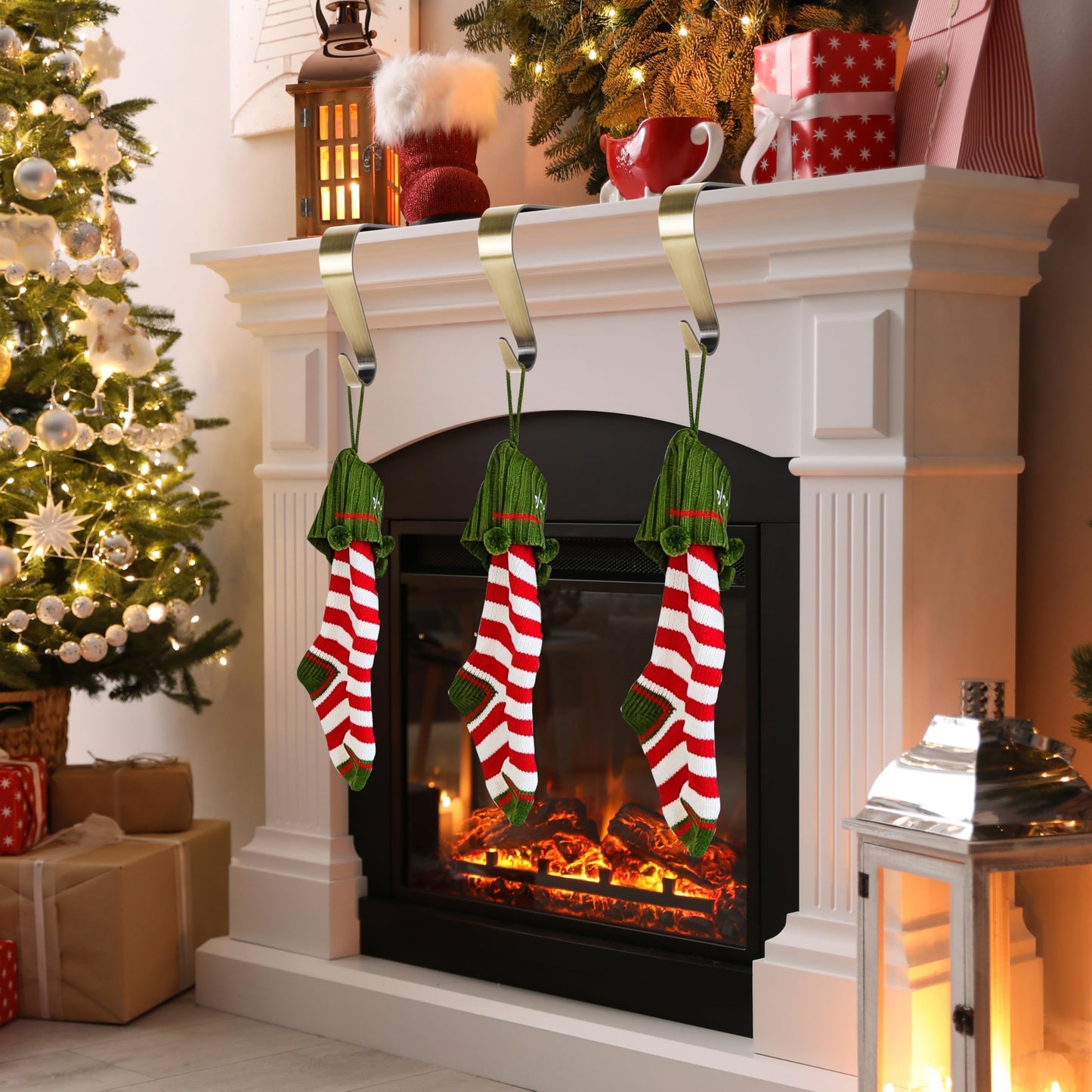 Palonu Christmas Stocking Holders Mantel Stcoking Hangers Metal Hanging Hooks Ornament Hooks Fireplace Hanger Grip for Christmas Decorations (4, Bronze)