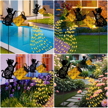 ostritec Solar Lights Outdoor Decorative, Watering Can with Cascading Lights, with Cat Silhouette Garden Stakes, Waterproof Metal Garden Decor for Yard Art, Outside, Patio, Lawn Ornaments
