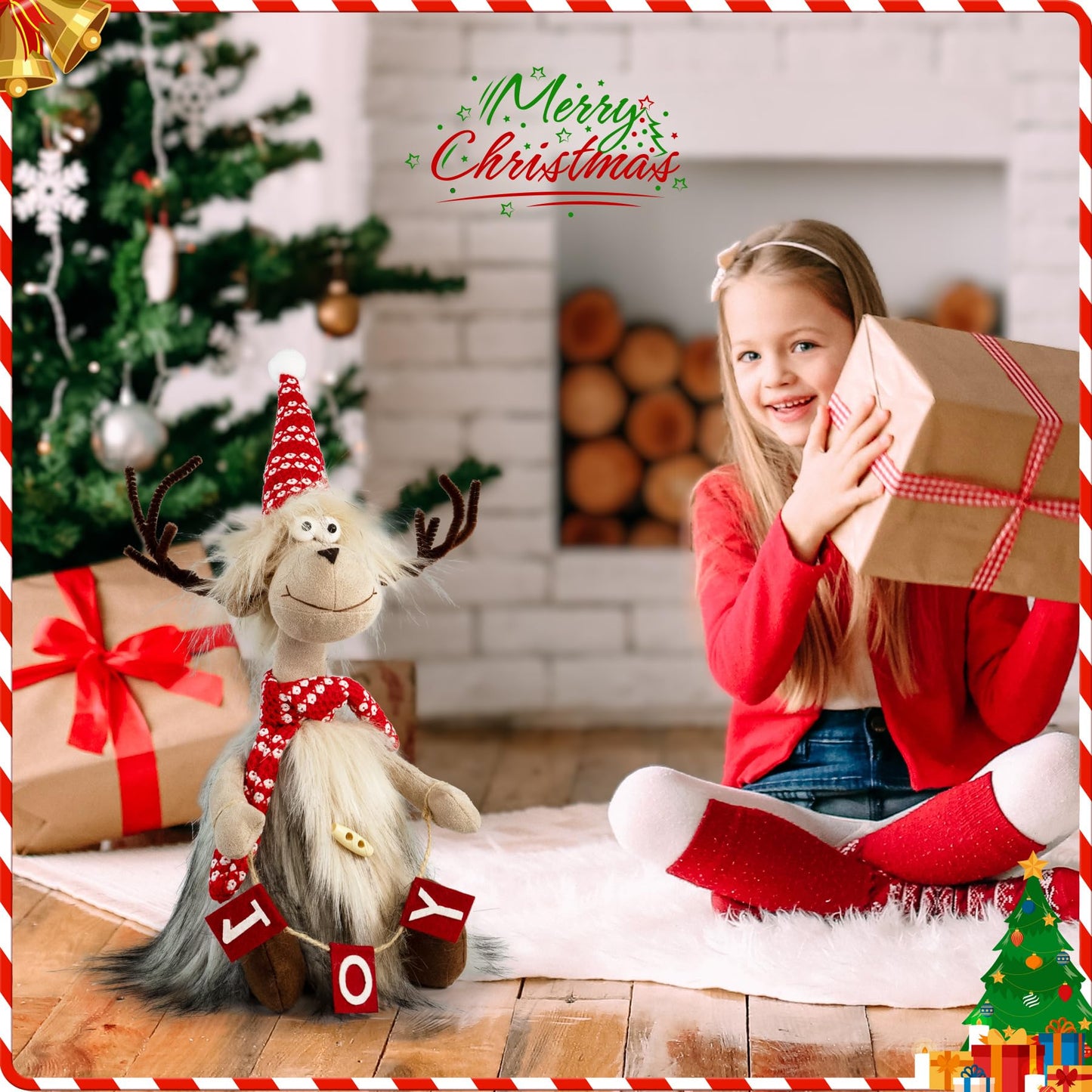 TACROART Reindeer Christmas Decoration – Plush Sitting Reindeer Figurine with Faux Fur Coat & Joy Banner, Rustic Tabletop Christmas Decor for Mantel, Shelf, or Gift Display