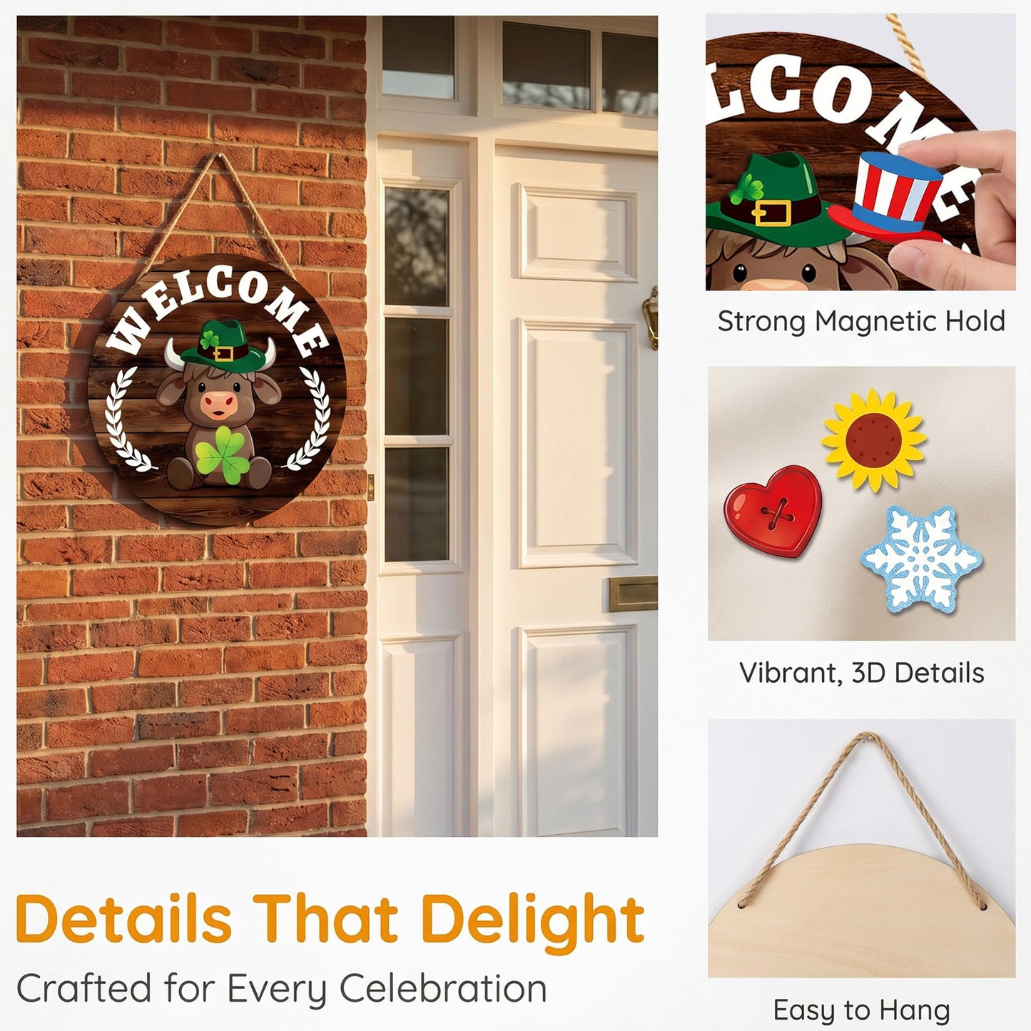 Yiranok Holiday Interchangeable Highland Cow Welcome Sign,Highland Cow Seasonal Wooden Hanging Door Decoration Front Door Decoration Gift Hanging Door Sign