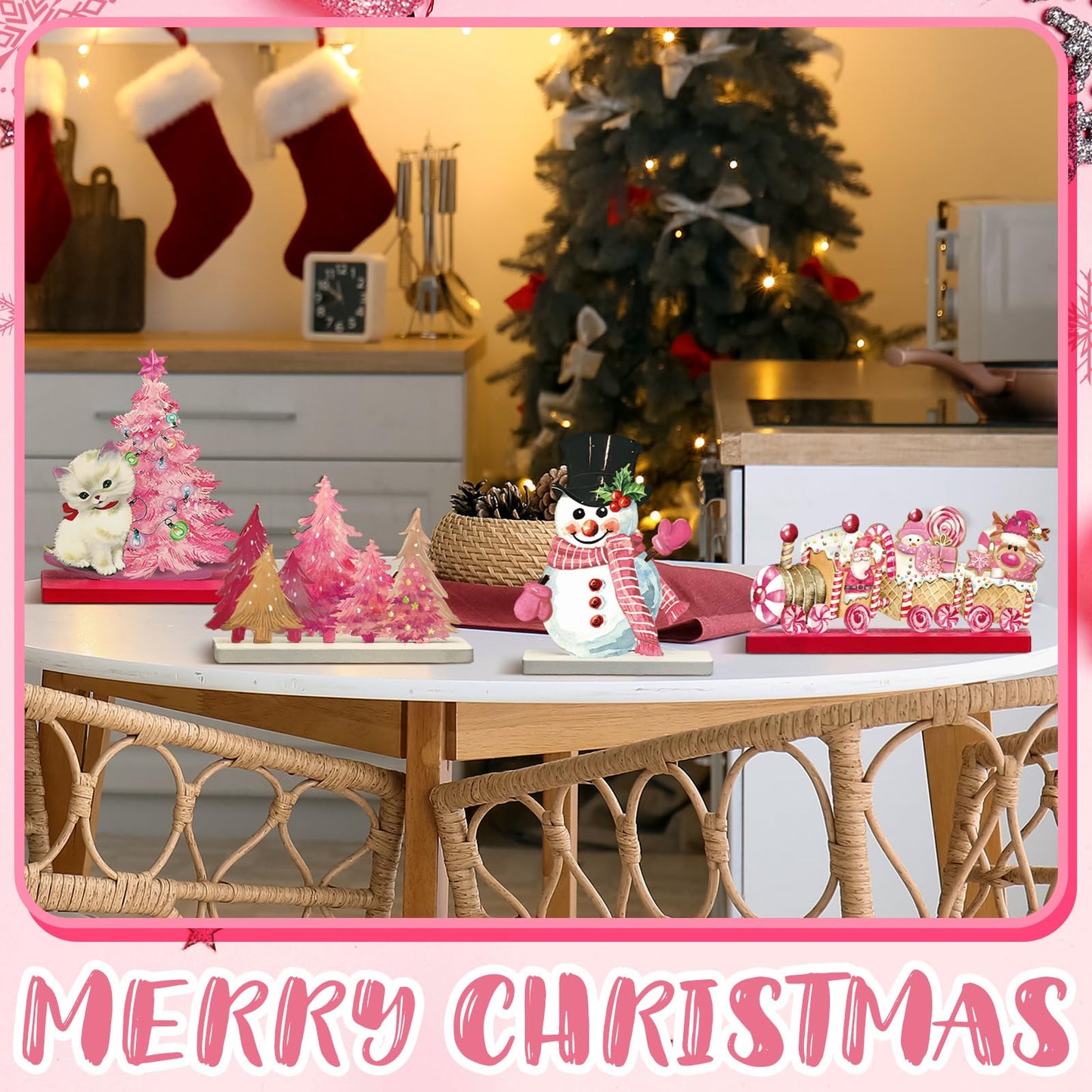 Wonderjune 6 Pcs Christmas Table Decorations Pink Wooden Christmas Table Centerpieces Pink Xmas Decor Snowman Santa Claus Tabletop Sign Merry Xmas Ornament for Holiday Party Supplies