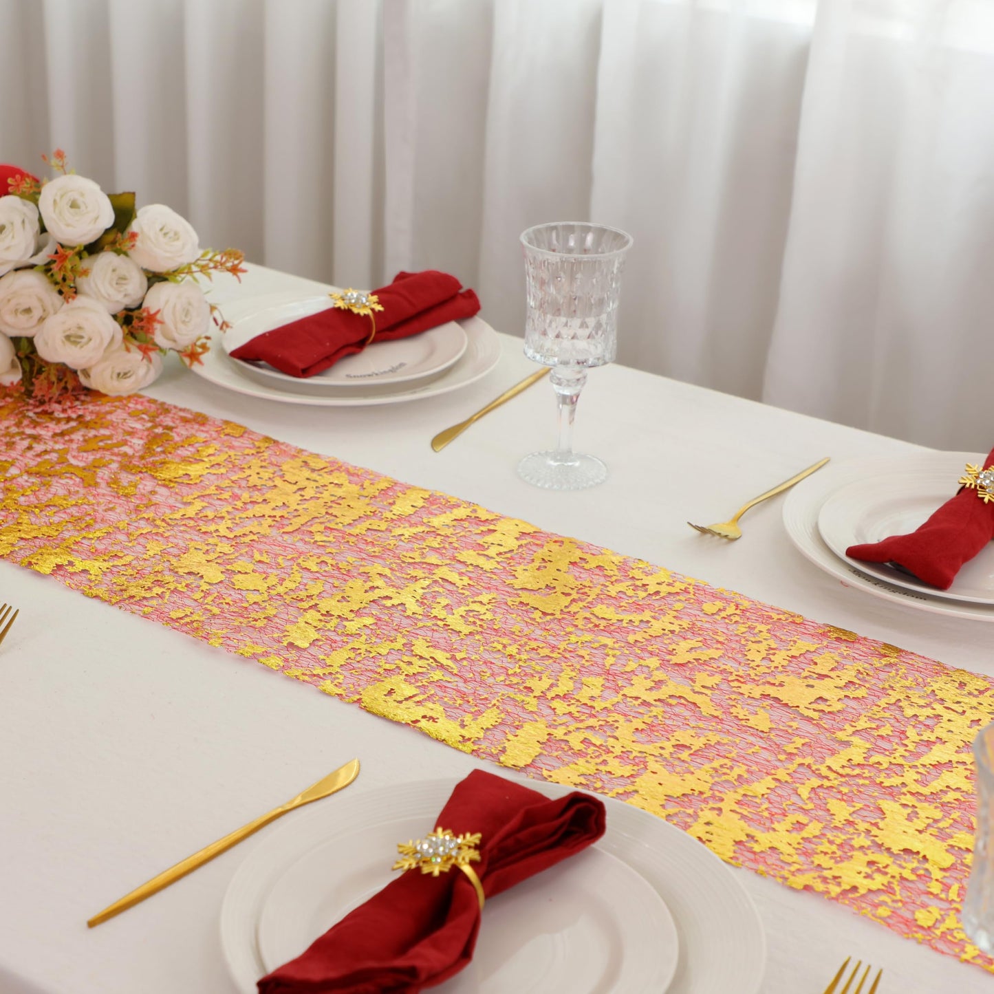 Snowkingdom 2Pcs Gold Table Runner, 11×108 Inch Red and Gold Sequin Glitter Foil Metallic Thin Mesh Table Runner, Sparkle Centerpiece for Wedding Party Birthday Holiday Kitchen Dinner Decoration