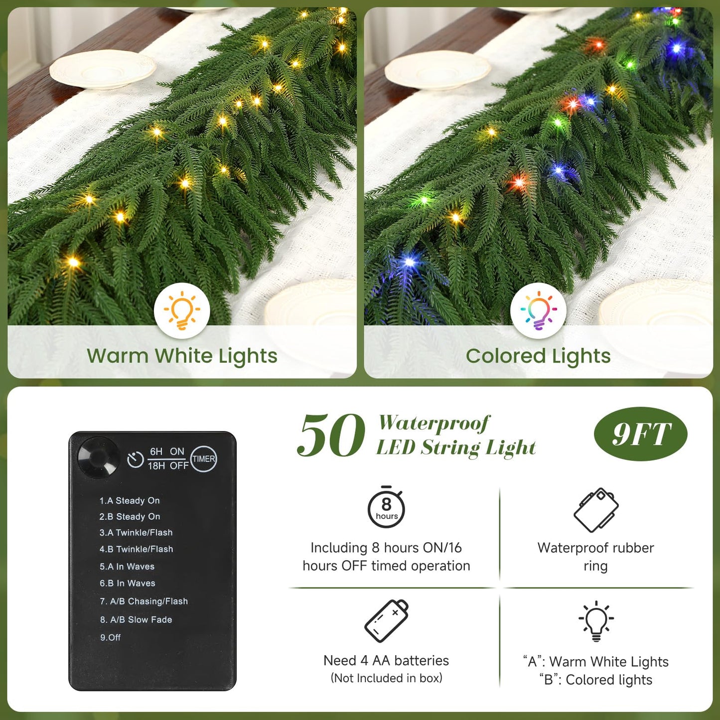 9ft Artificial Christmas Garland with Lights, Real Touch Norfolk Pine Garland - Pine Garlands, Prelit Green Christmas Garland for Mantle, Table, Fireplace, Indoor, Outdoor Christmas Decorations