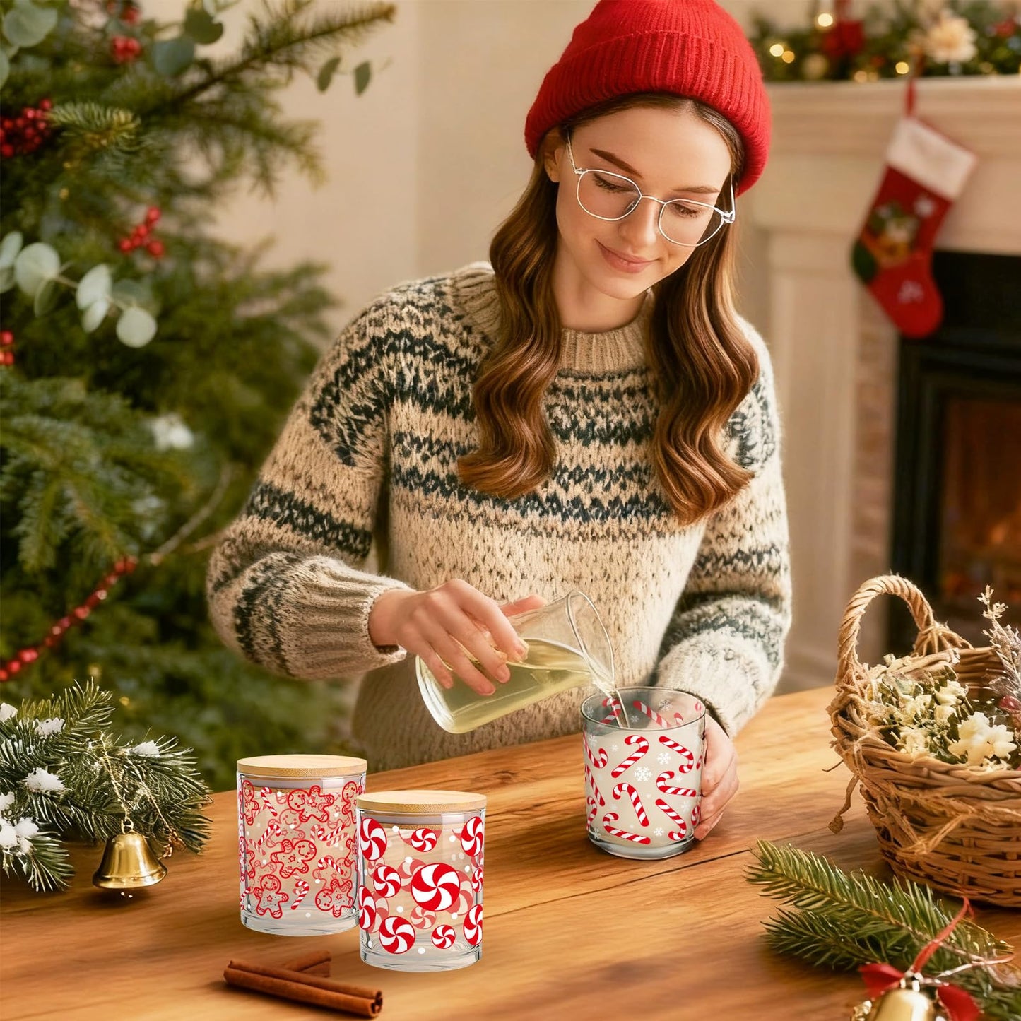 Whaline 12 Pcs Christmas Glass Candle Jars with Cork Lids Red Peppermint Gingerbread Candy Cane Clear Empty Container for Candle Making Storing Xmas Holiday Party Decor