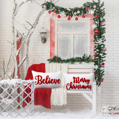 Jetec Set of 2 Christmas Throw Pillow Covers 12x20 Inch Merry Christmas Believe Embroidery Pillow Covers Farmhouse Throw Cushion Case for Home Living Room Bedroom Holiday Parties and Gifts