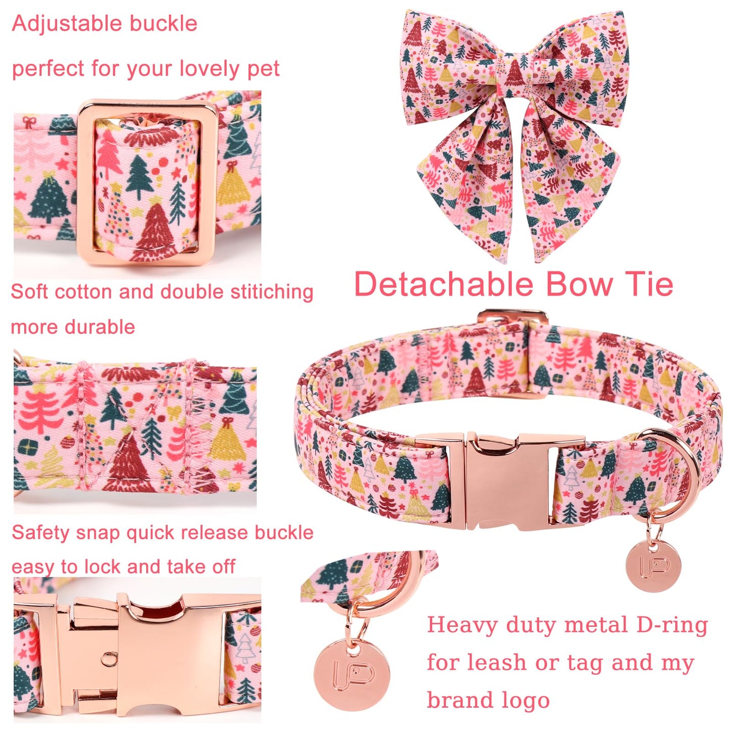 UP URARA PUP Christmas Dog Collar with Bow Tie, Pink Christmas Tree Collars for Dogs, Adjustable Pet Collar with Cute Xmas Tree Pendant, Winter Dog Accessories for Small Medium Large Dogs L