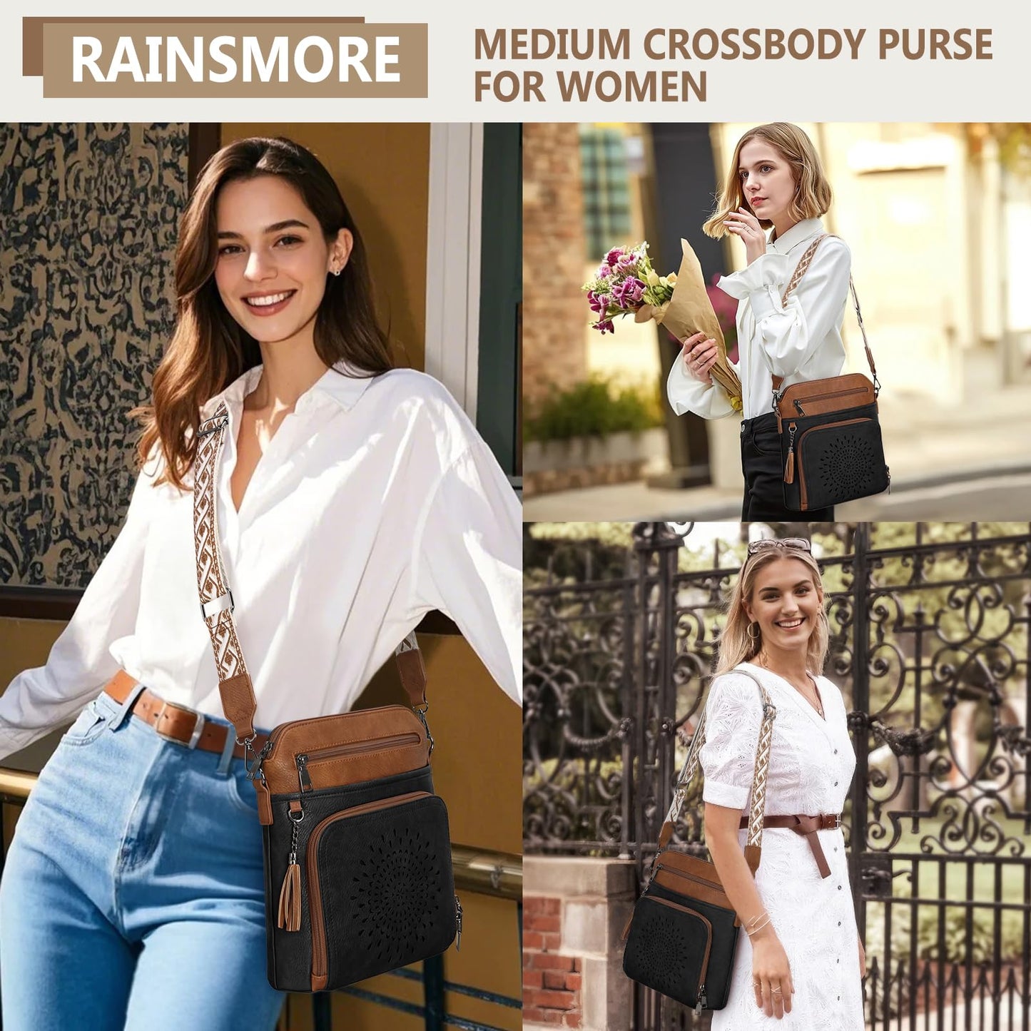 RAINSMORE Crossbody Bags for Women Leather Purse with Built in Wallet & Wide Straps Travel Cross Body Shoulder Handbags, black&brown