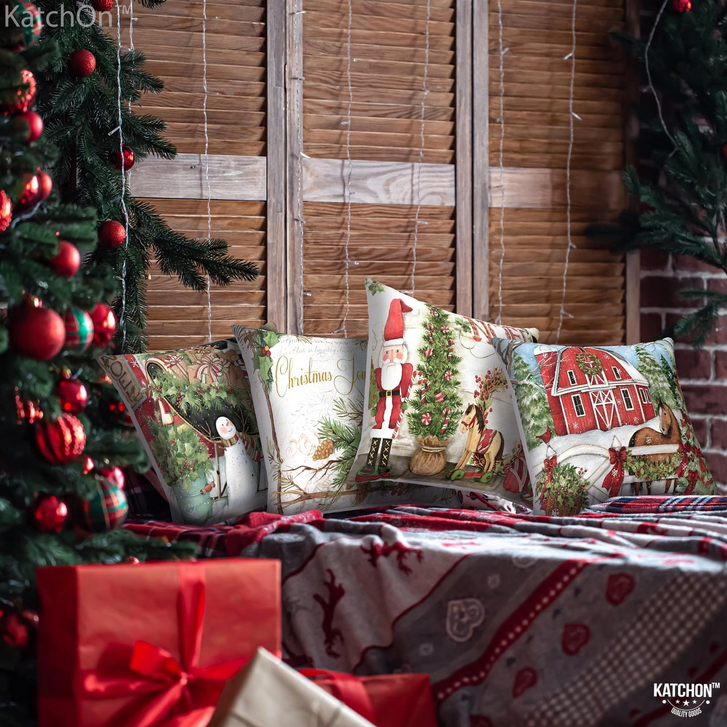 KatchOn, Farmhouse Christmas Pillow Covers 18x18 - Pack of 4 | Farmhouse Pillow Covers, Holiday Pillow Covers | Christmas Throw Pillow Covers for Christmas Decorations | Snowman Pillow Covers 18x18