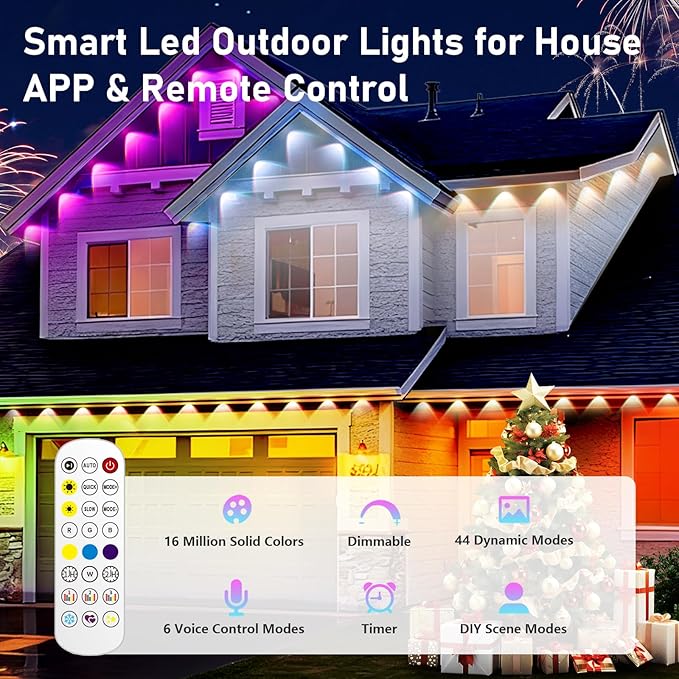 300FT Christmas Permanent Outdoor Lights,RGB+IC Eaves Lights with App & Remote Control,DIY Multi-Color Scene Modes,IP67 Waterproof,Outdoor Strings for House,Holiday Decorations for Christmas