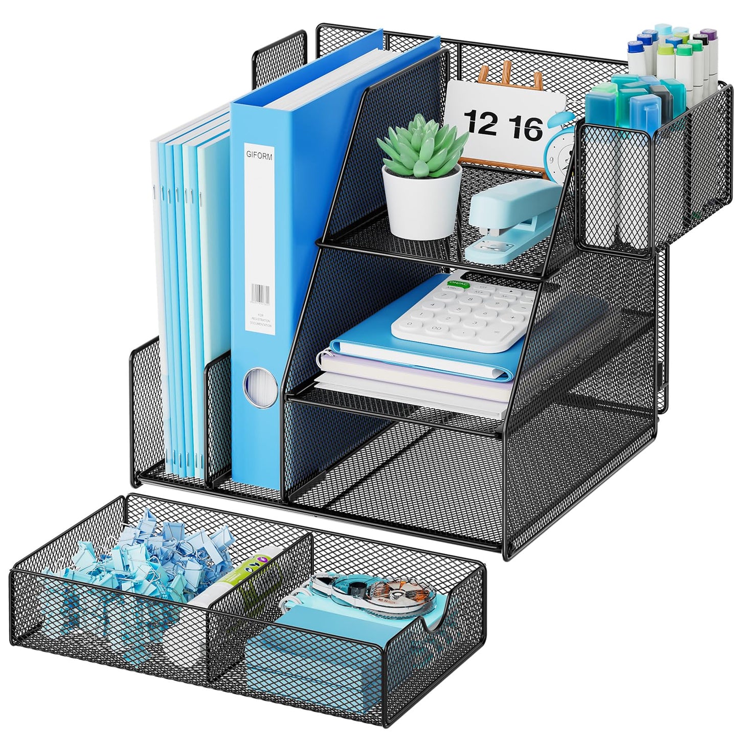 Marbrasse Desk Organizer and Accessories, 3-Tier File Organizer with Drawer and Pen Holder, Small Desktop Organizer and Storage for Workspace Office Supplies Black