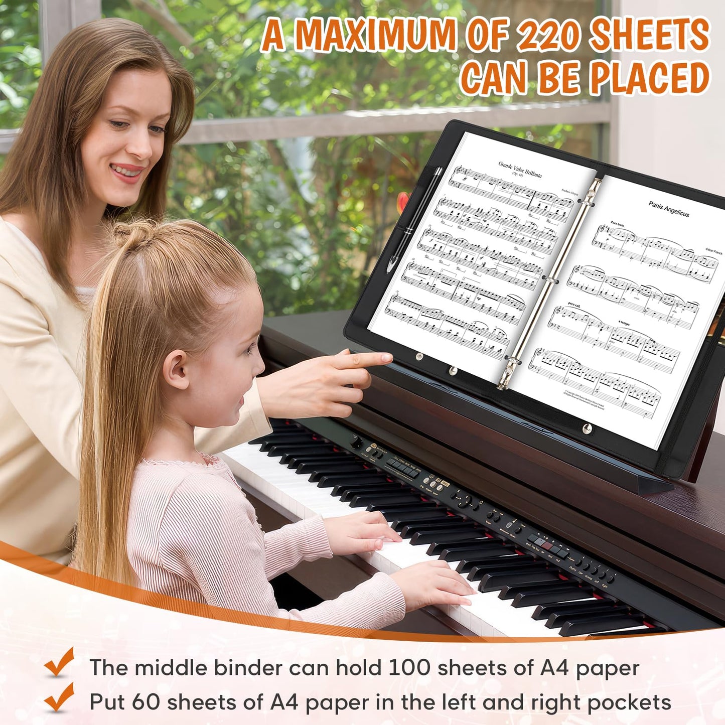 YOTINO Sheet Music Folder, 3 Ring Choral Muisc Folder,13"x10.2" PU Leather Music Binder Black with Elastic Band and Handle Fits Letter Size 8.5 x 11 inch