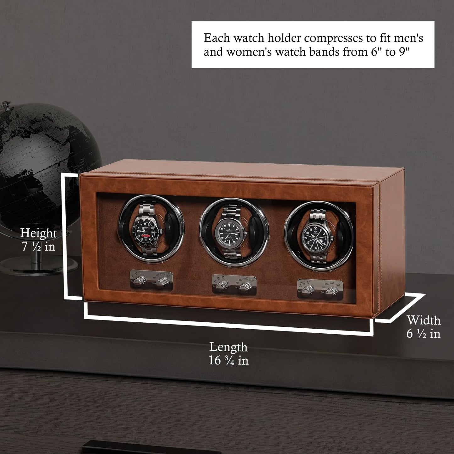 ROTHWELL Triple Watch Winder for Automatic Watches with Quiet Motor with Multiple Speeds and Rotation Settings (Tan/Brown)
