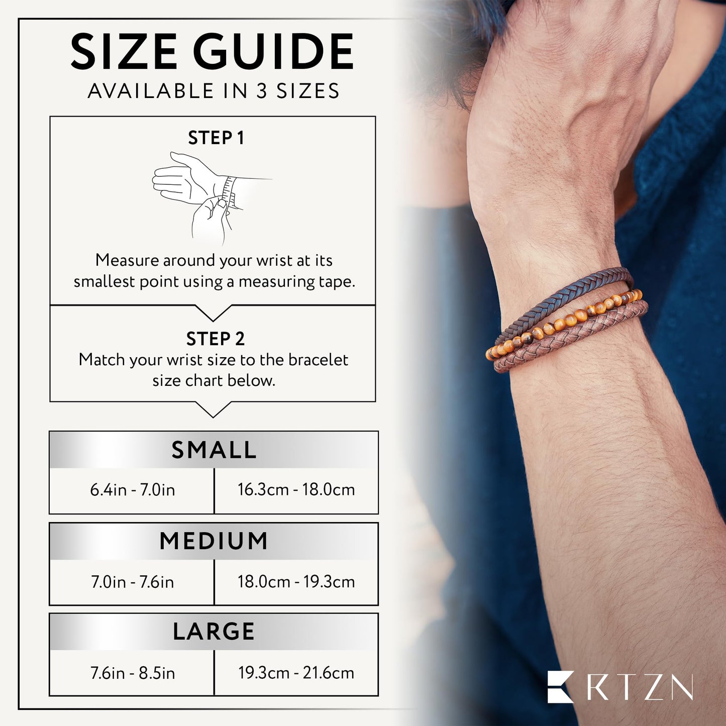 RTZN® Multi Strand Bracelet for Men – Premium Artisan Handcrafted Tiger Eye Bead and Brown Braided Leather Bracelet – Authentic Tigers Eye Stone & Brown Leather Mens Bracelet (Medium)